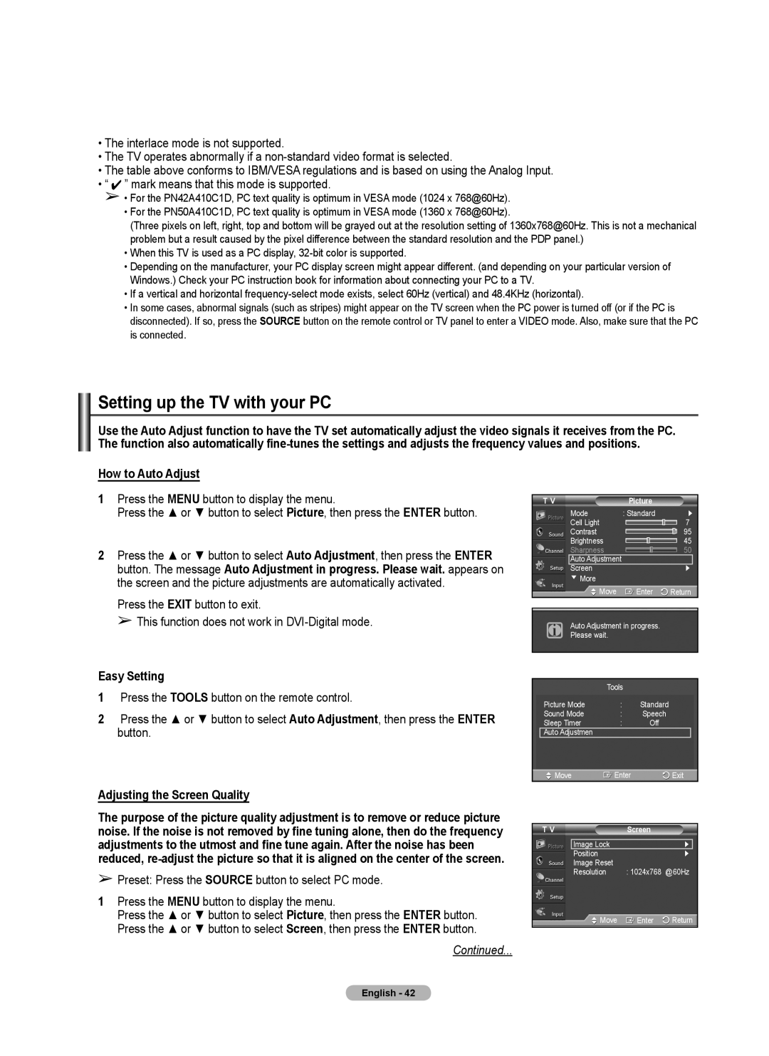 Samsung 410 Series user manual Setting up the TV with your PC, How to Auto Adjust, Adjusting the Screen Quality 