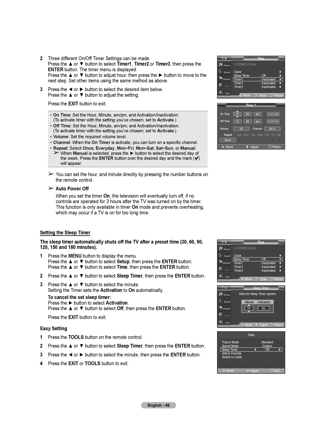 Samsung 410 Series Auto Power Off, To cancel the set sleep timer, Press the Tools button on the remote control, Timer 