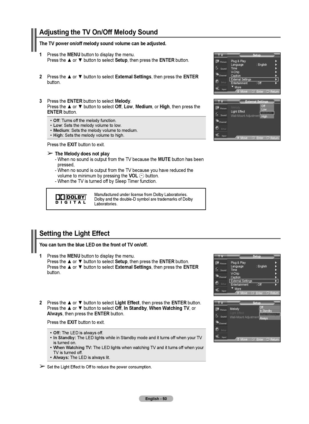 Samsung 410 Series user manual Adjusting the TV On/Off Melody Sound, Setting the Light Effect, Melody does not play 