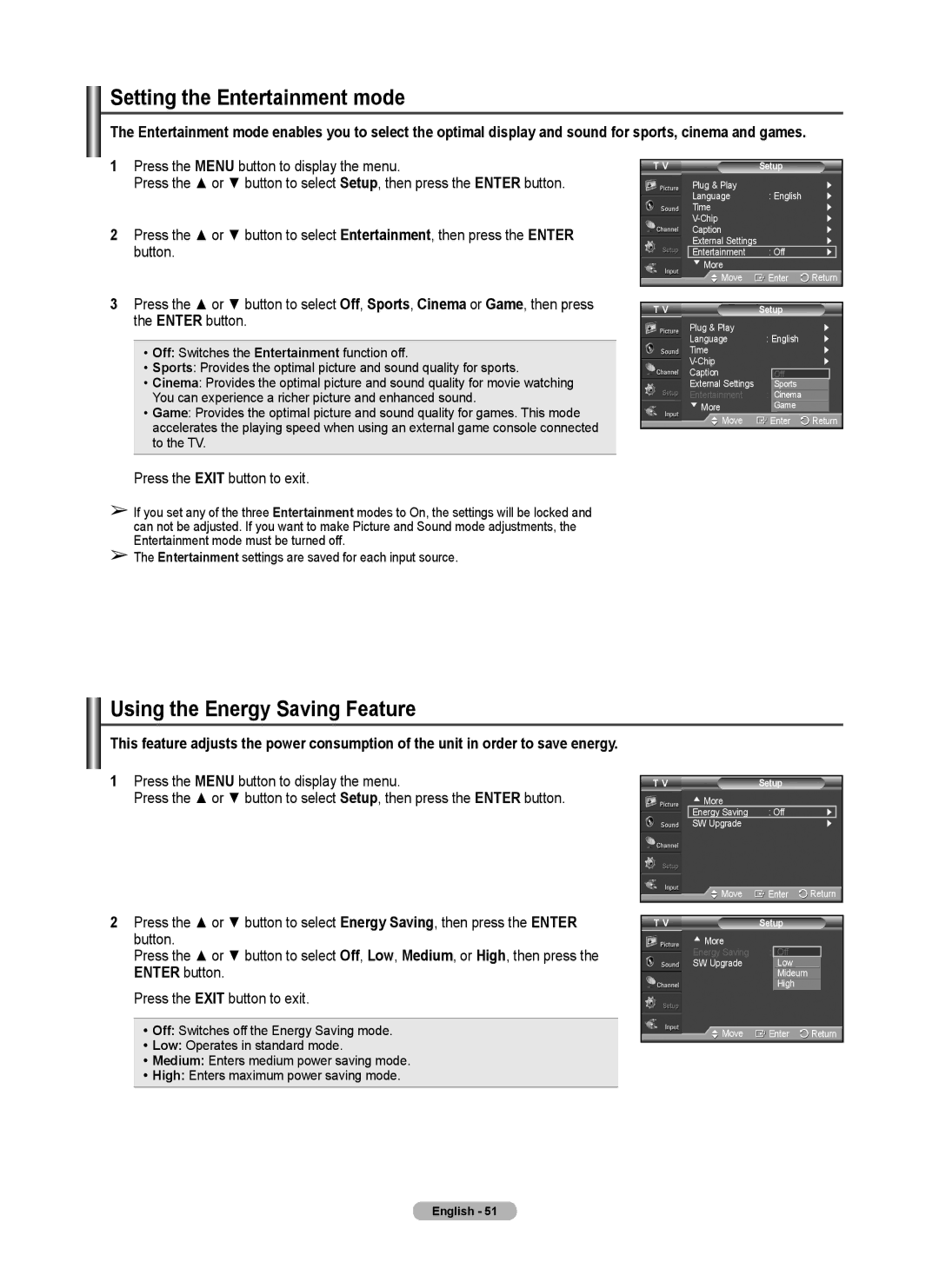 Samsung 410 Series user manual Setting the Entertainment mode, Using the Energy Saving Feature 