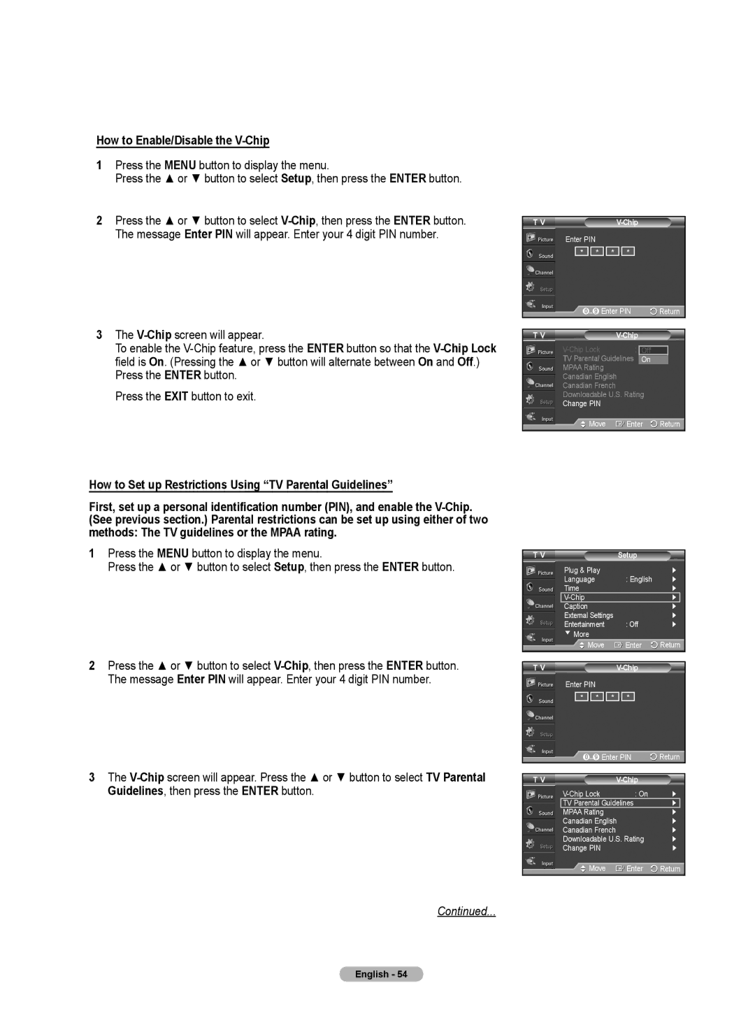 Samsung 410 Series user manual How to Enable/Disable the V-Chip 