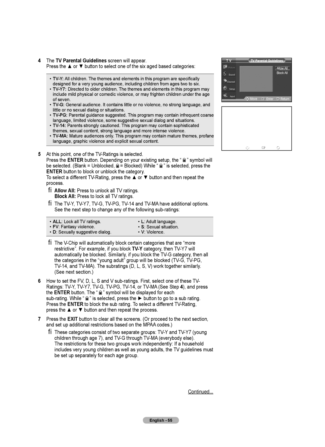 Samsung 410 Series user manual TV Parental Guidelines 