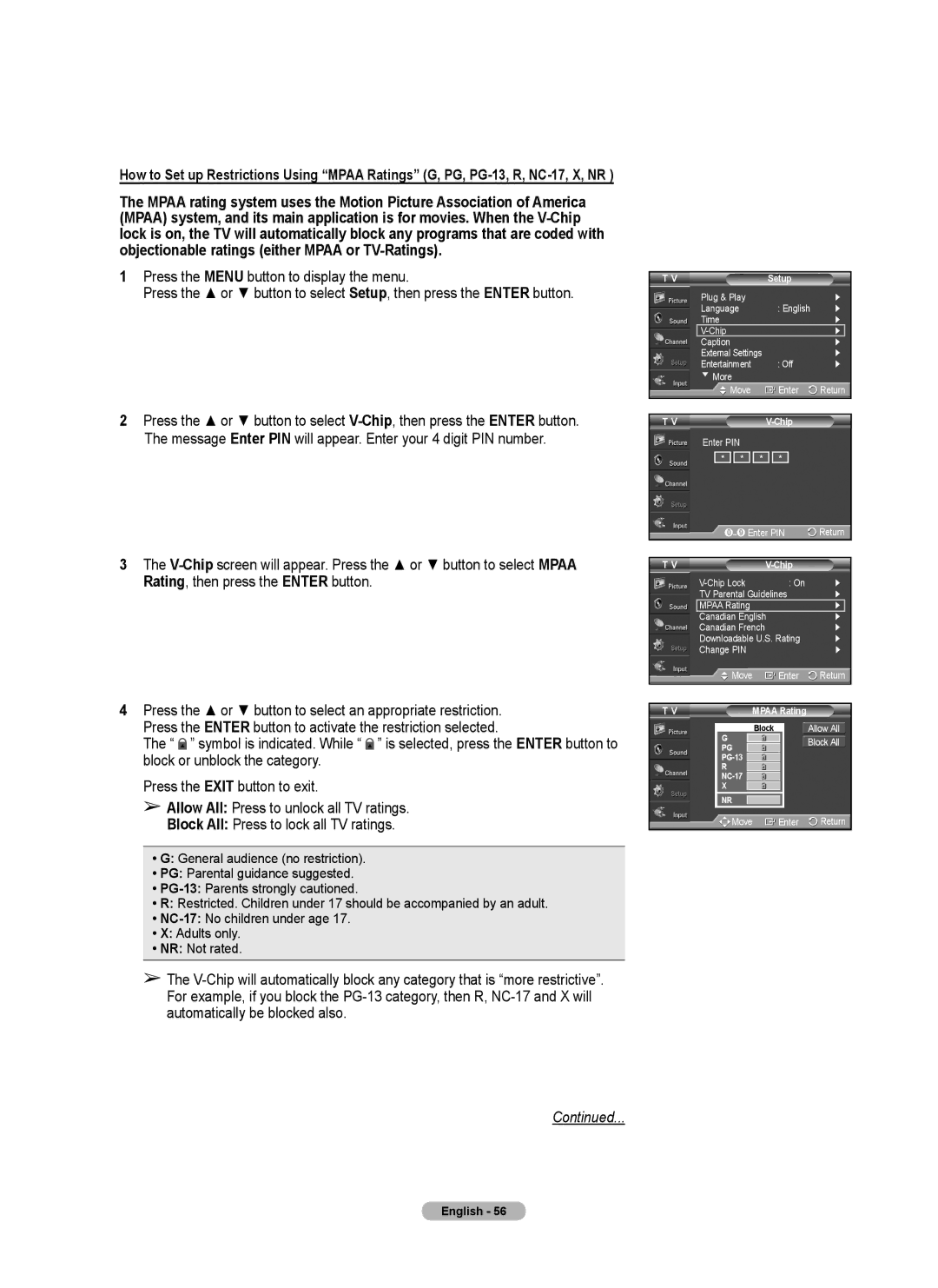 Samsung 410 Series user manual Chip Lock TV Parental Guidelines 