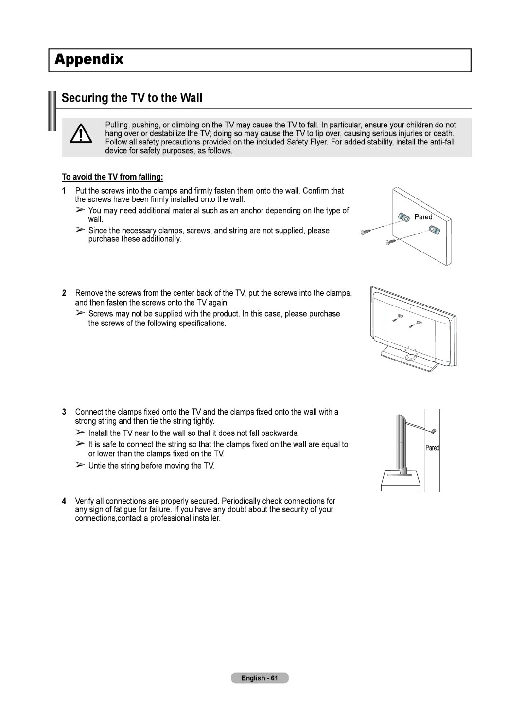 Samsung 410 Series user manual Appendix, Securing the TV to the Wall, To avoid the TV from falling 