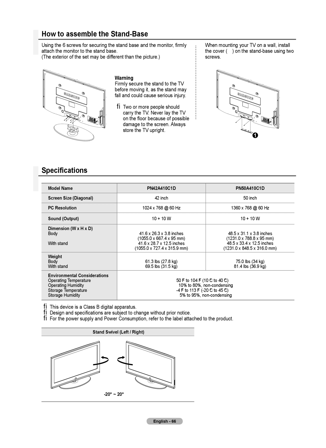 Samsung 410 Series user manual How to assemble the Stand-Base, Specifications 