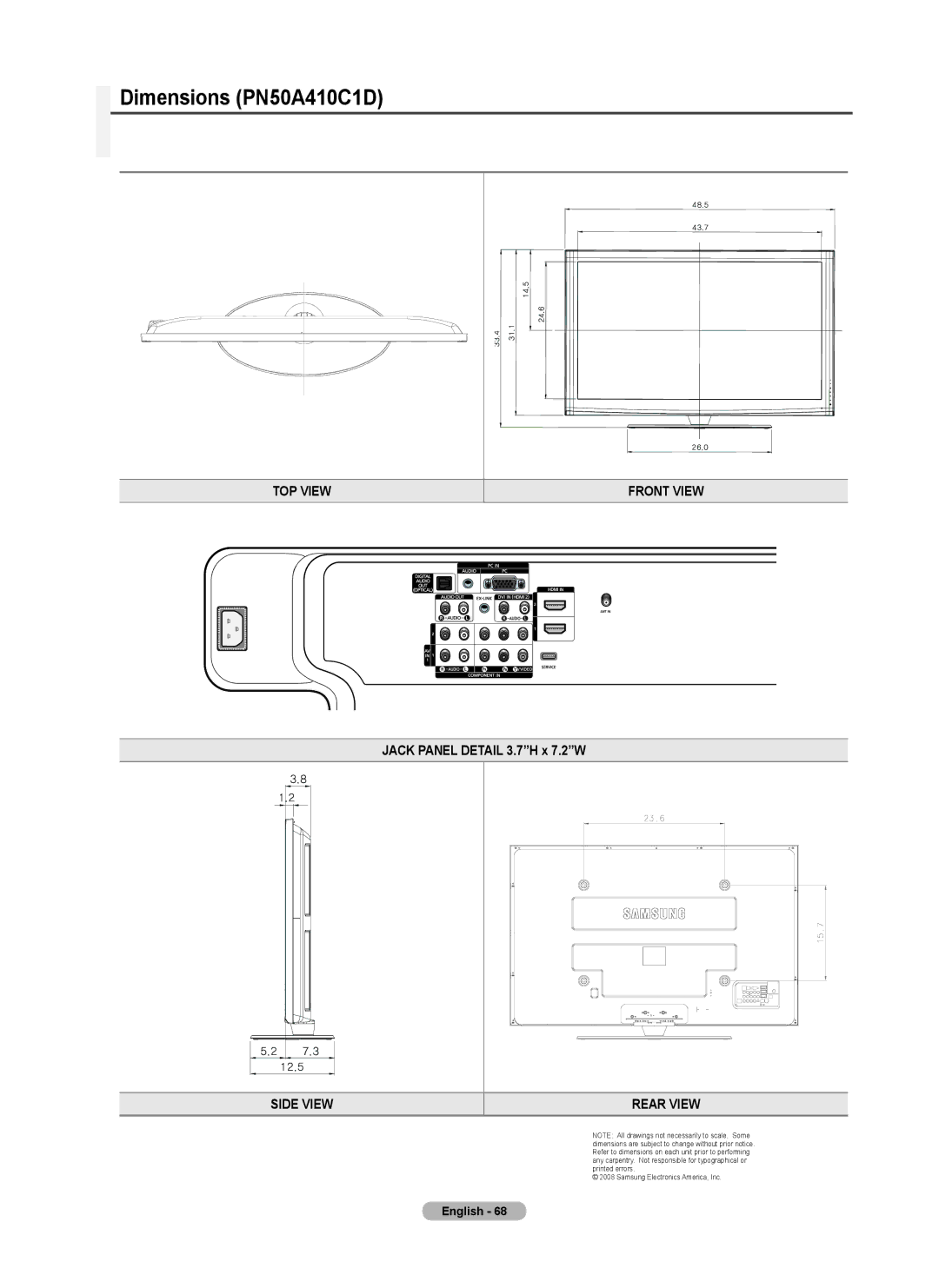 Samsung 410 Series user manual Dimensions PN50A410C1D 