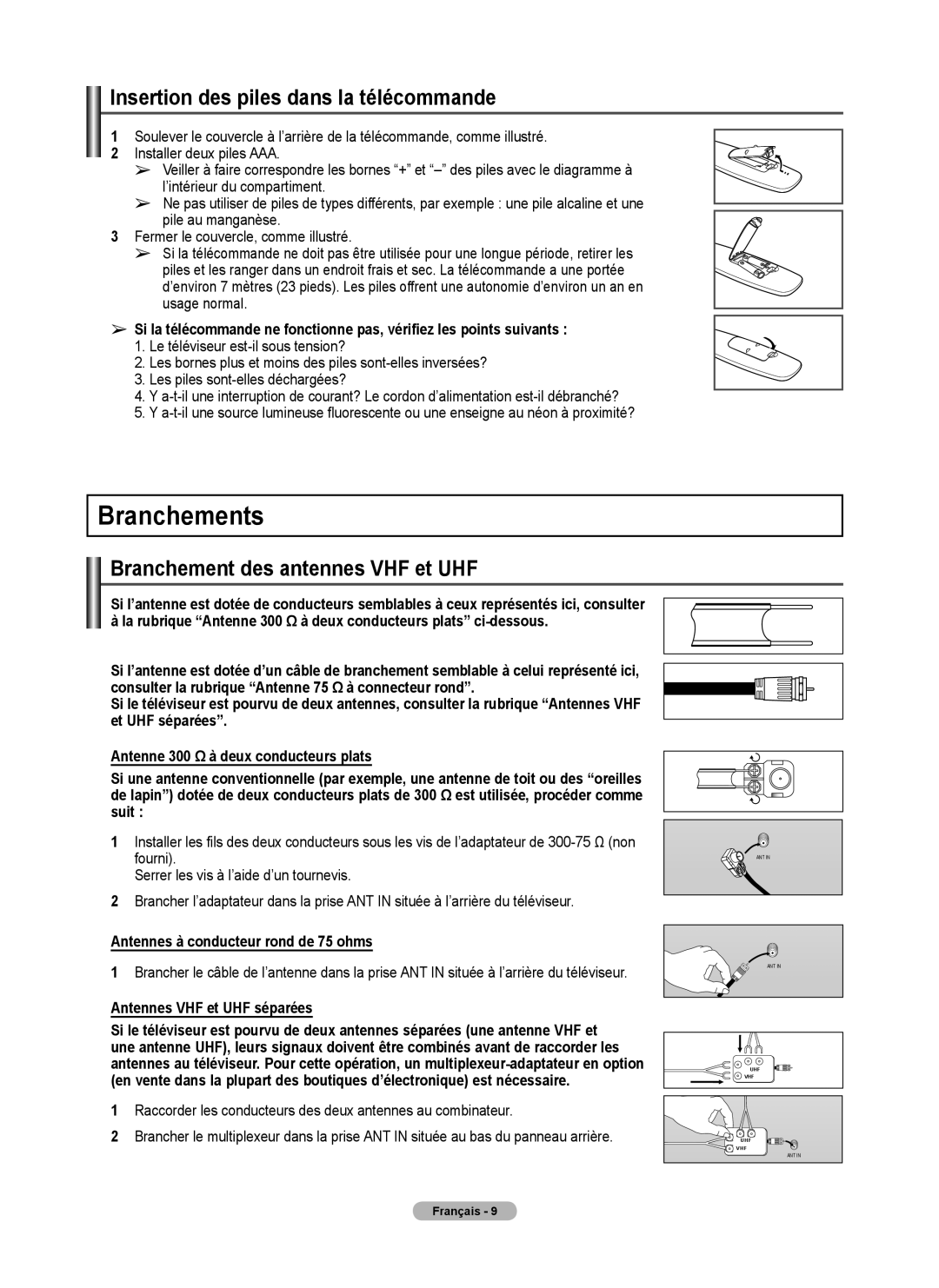 Samsung 410 Series user manual Branchements, Insertion des piles dans la télécommande, Branchement des antennes VHF et UHF 