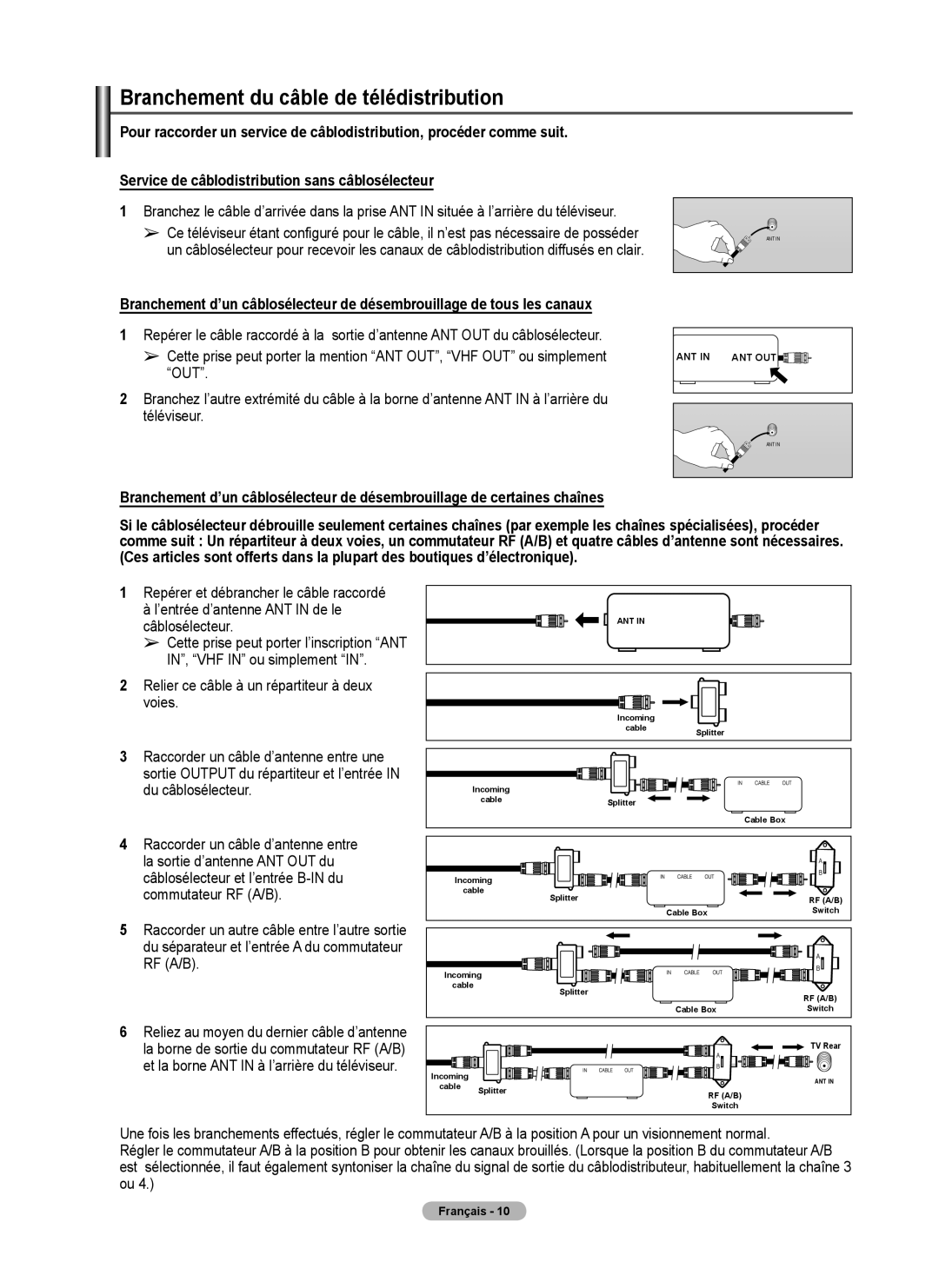 Samsung 410 Series user manual Branchement du câble de télédistribution, Relier ce câble à un répartiteur à deux voies 