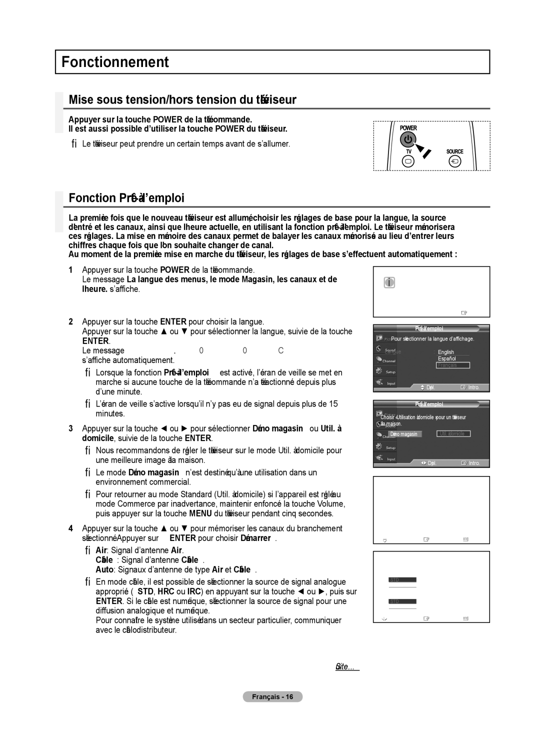 Samsung 410 Series user manual Fonctionnement, Mise sous tension/hors tension du téléviseur, Fonction Prêt-à-l’emploi 