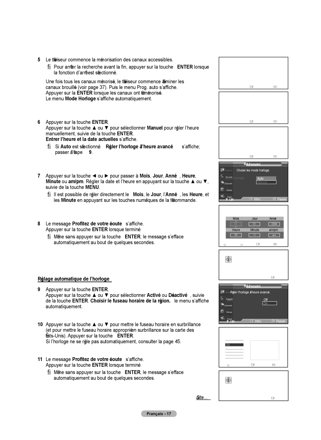 Samsung 410 Series user manual Réglage automatique de l’horloge, Prog. Auto 