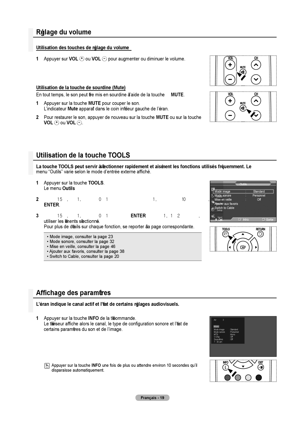 Samsung 410 Series user manual Réglage du volume, Utilisation de la touche Tools, Affichage des paramètres 