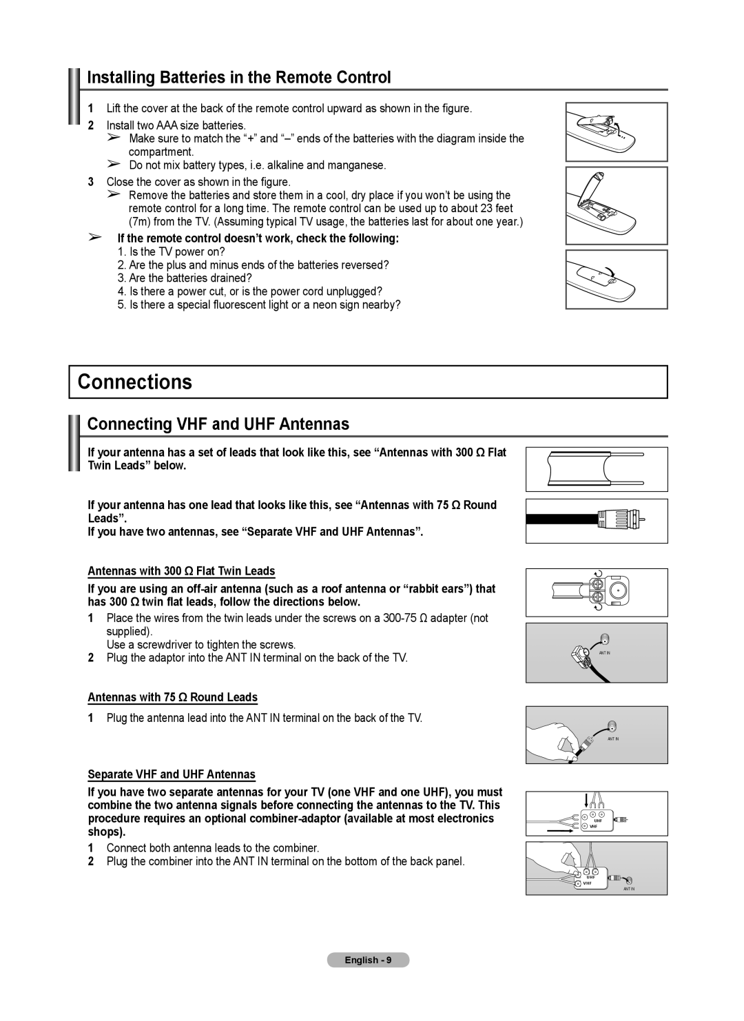 Samsung 410 Series user manual Connections, Installing Batteries in the Remote Control, Connecting VHF and UHF Antennas 