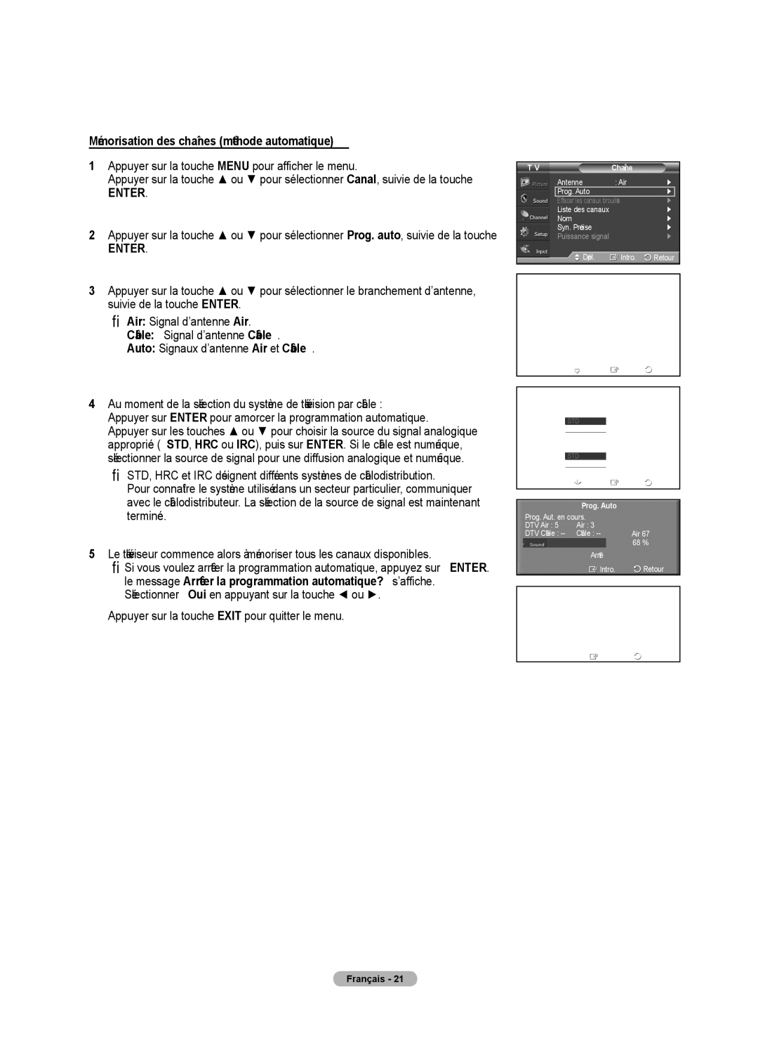 Samsung 410 Series user manual Mémorisation des chaînes méthode automatique, Prog. Auto 