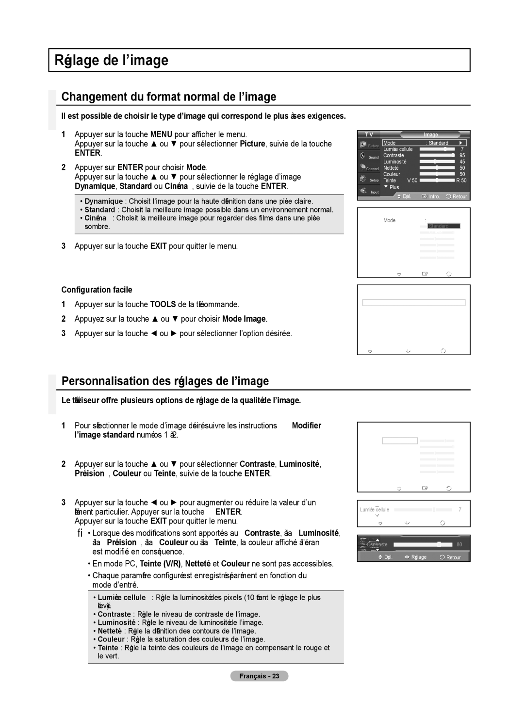 Samsung 410 Series Réglage de l’image, Changement du format normal de l’image, Personnalisation des réglages de l’image 