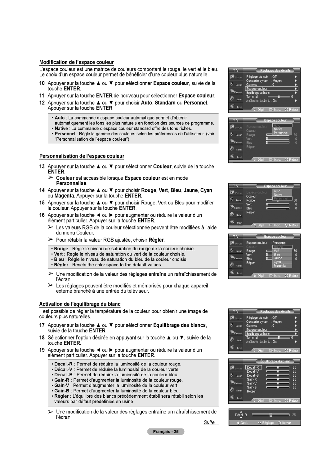 Samsung 410 Series user manual Modification de l’espace couleur, Personnalisation de l’espace couleur, Réglages des détails 