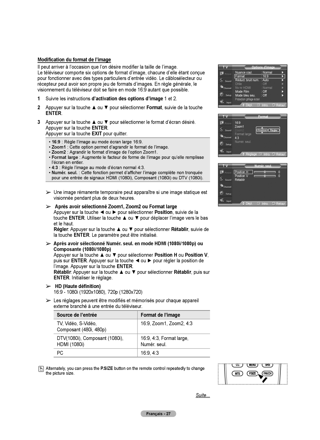 Samsung 410 Series user manual Modification du format de l’image, Après avoir sélectionné Zoom1, Zoom2 ou Format large 