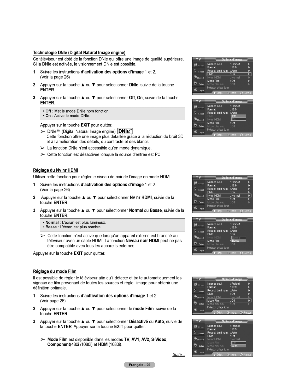 Samsung 410 Series user manual Technologie DNIe Digital Natural Image engine, Réglage du Nv nr Hdmi, Réglage du mode Film 