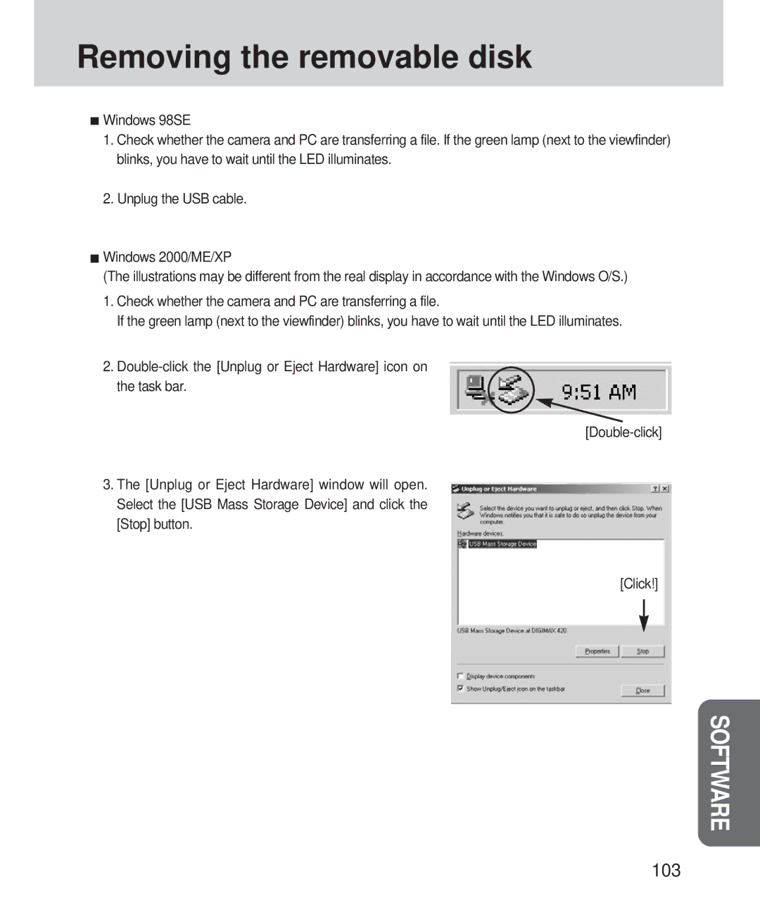 Samsung 420 manual Removing the removable disk, 103 