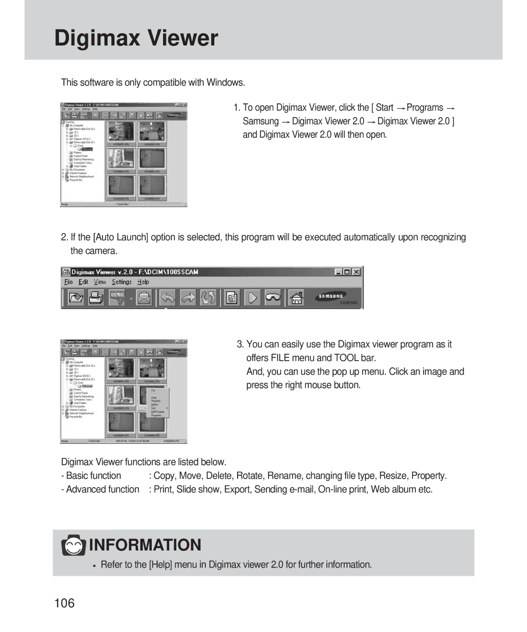 Samsung 420 manual Digimax Viewer, 106, This software is only compatible with Windows 