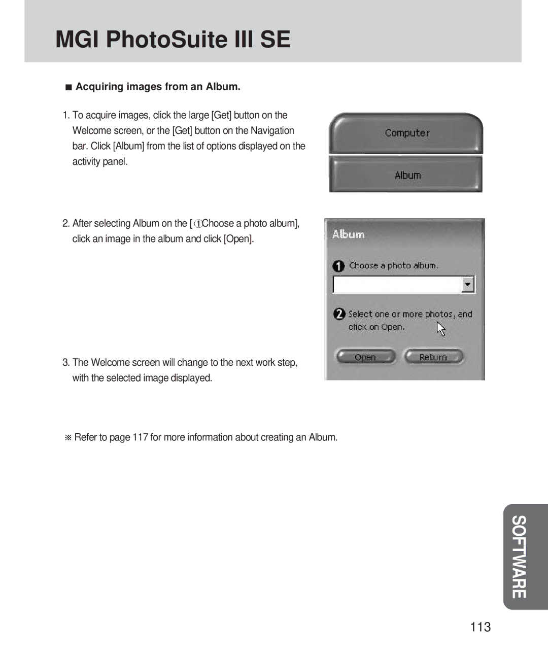 Samsung 420 manual 113, Acquiring images from an Album 