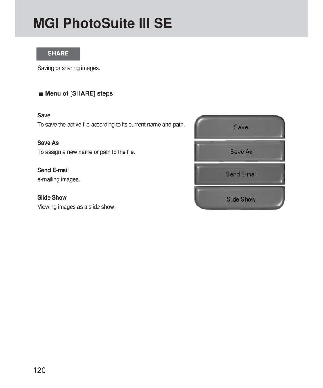 Samsung 420 manual 120, Saving or sharing images, To assign a new name or path to the file, Mailing images 