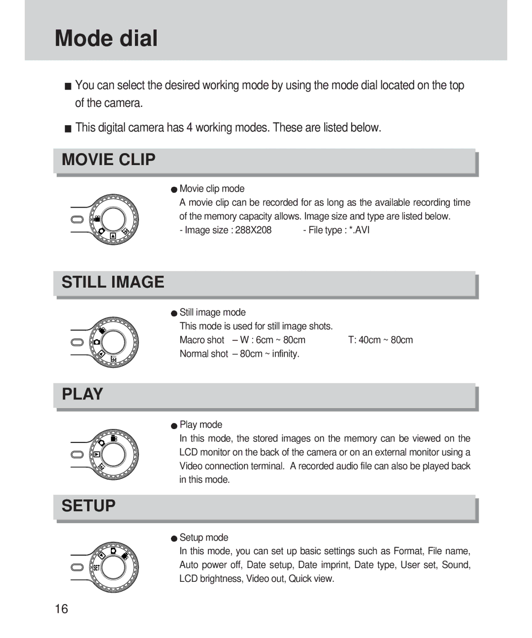 Samsung 420 manual Mode dial, Movie clip mode, Image size 