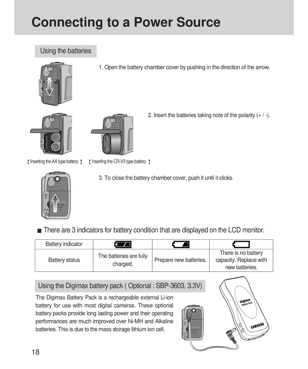 Samsung 420 manual Using the batteries, Using the Digimax battery pack Optional SBP-3603, Prepare new batteries 