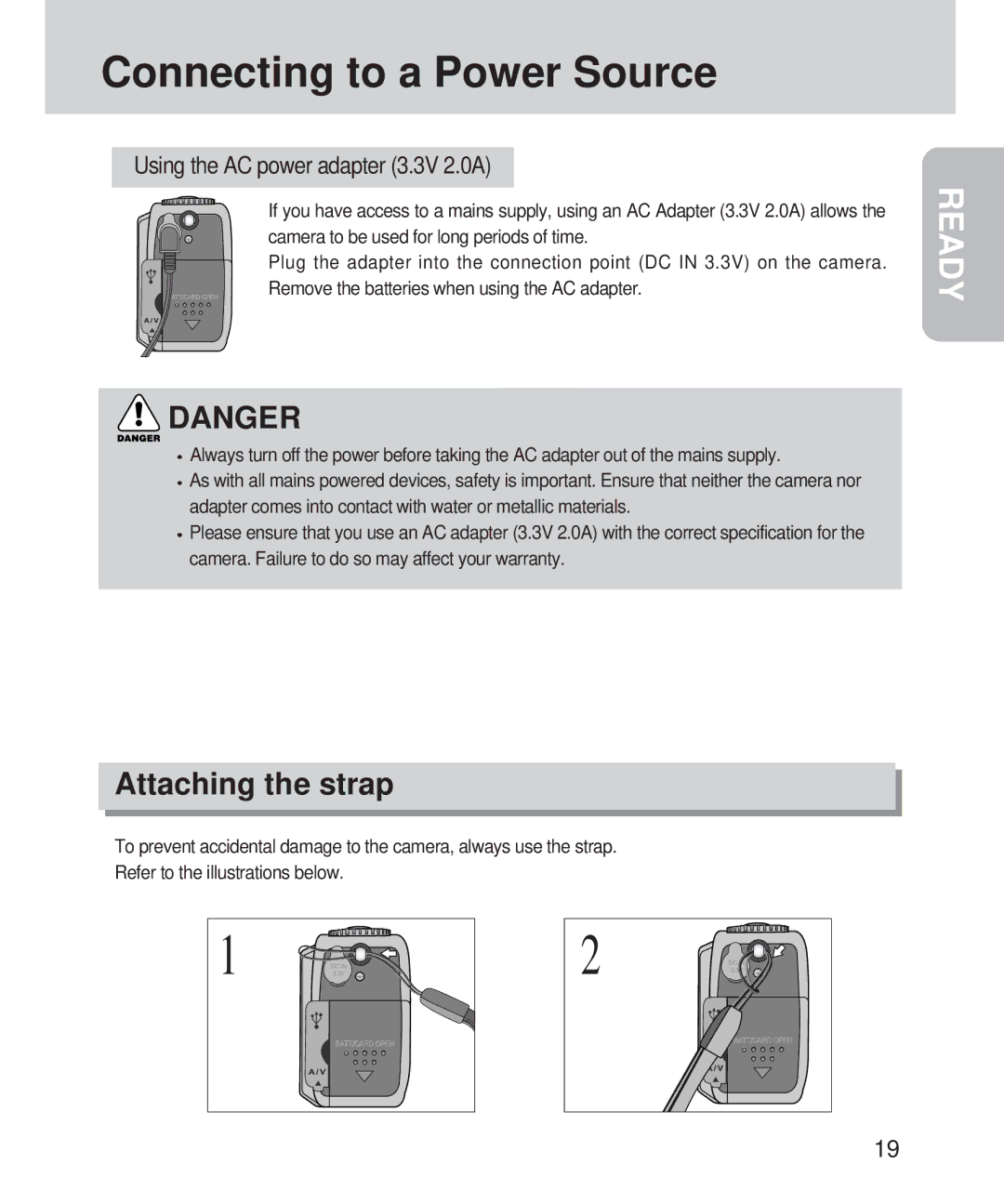 Samsung 420 manual Attaching the strap, Using the AC power adapter 3.3V 2.0A 