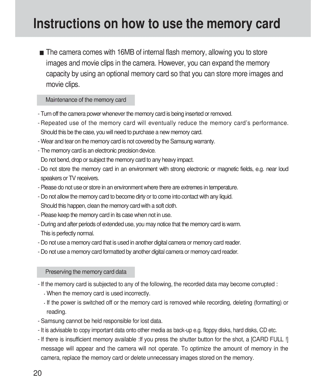 Samsung 420 manual Instructions on how to use the memory card 