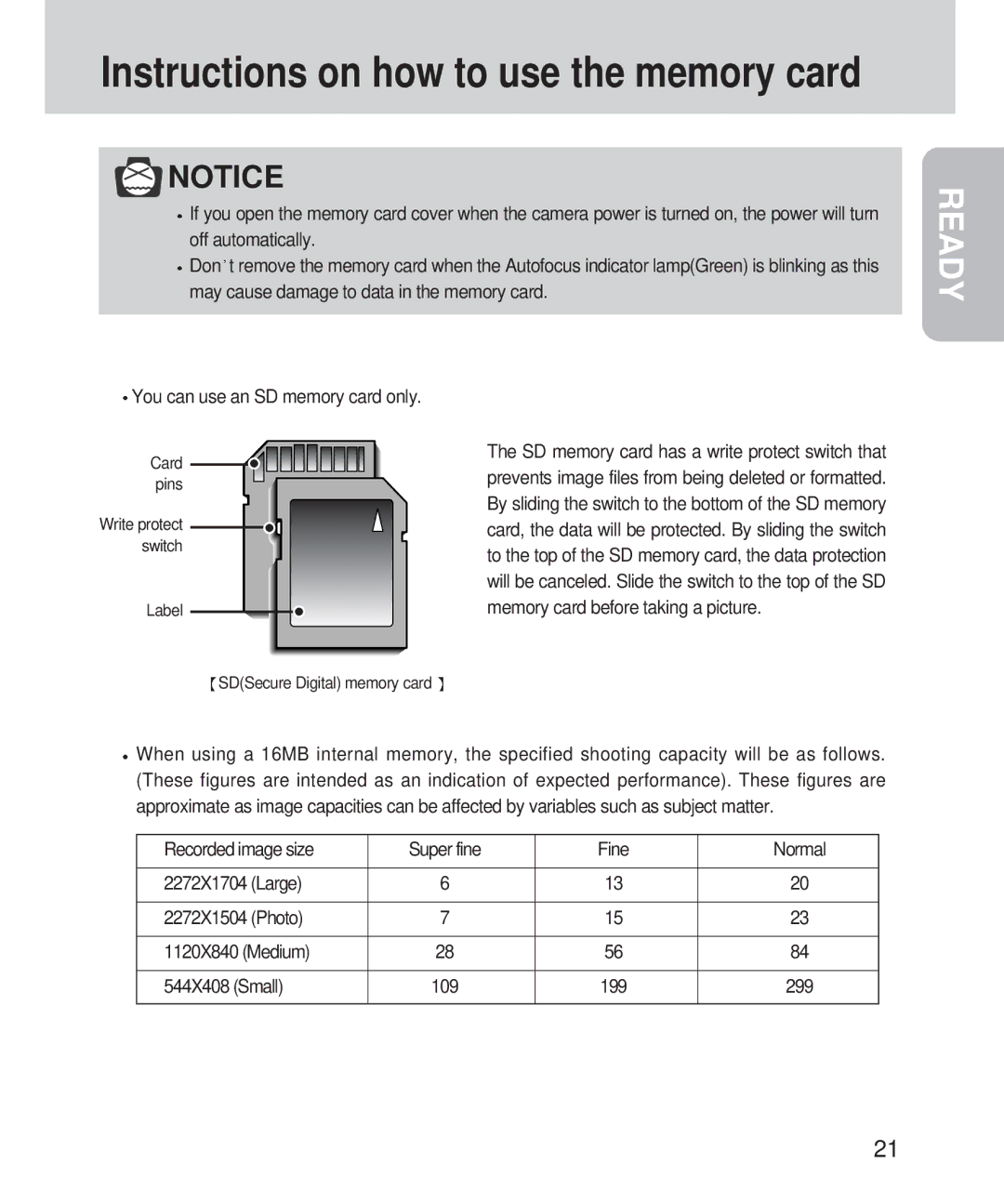 Samsung 420 manual You can use an SD memory card only, Recorded image size Super fine Fine Normal, Large 