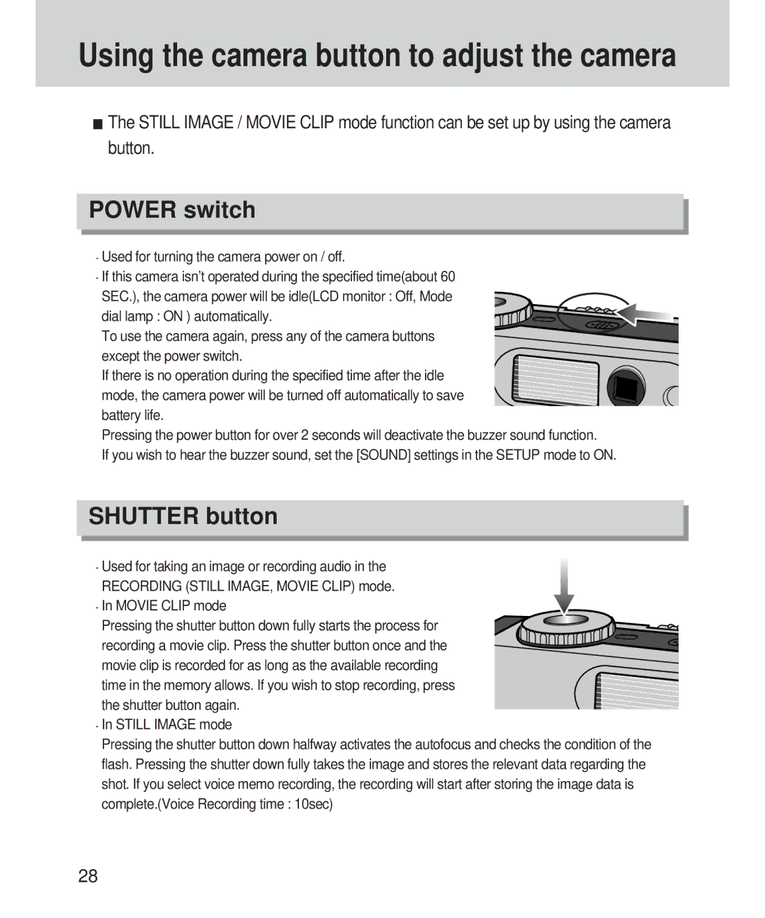 Samsung 420 manual Power switch, Shutter button, Used for turning the camera power on / off 