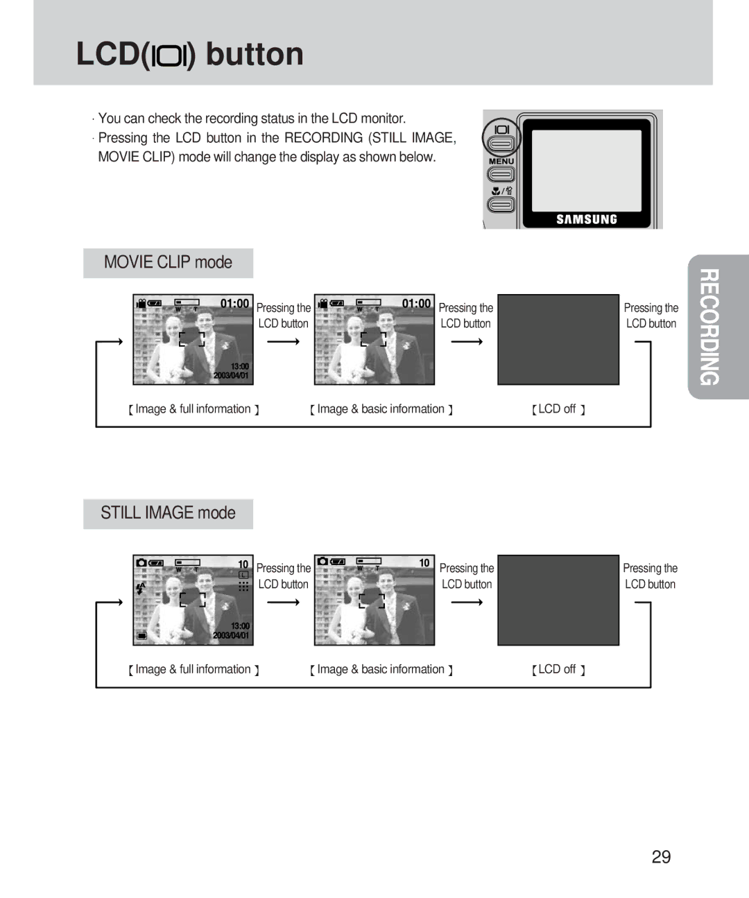 Samsung 420 manual LCD Button, Movie Clip mode, Still Image mode 