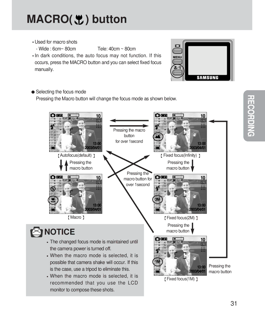 Samsung 420 manual Macro button, Recording 