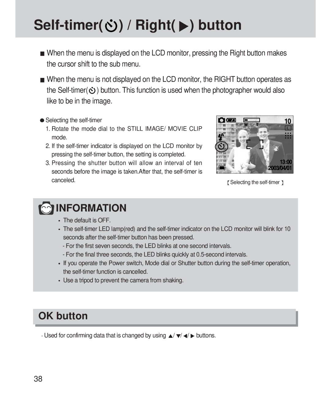 Samsung 420 manual Self-timer / Right button, OK button, Rotate the mode dial to the Still IMAGE/ Movie Clip Mode, Canceled 