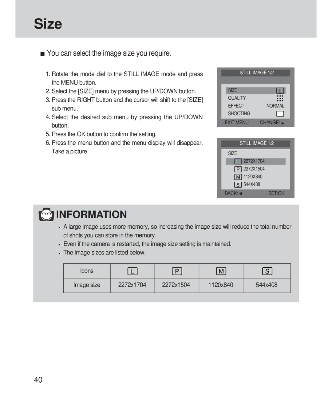 Samsung 420 manual Size, You can select the image size you require 