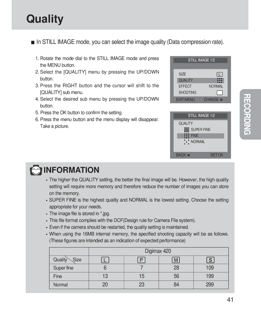 Samsung 420 manual Quality Size Super fine 