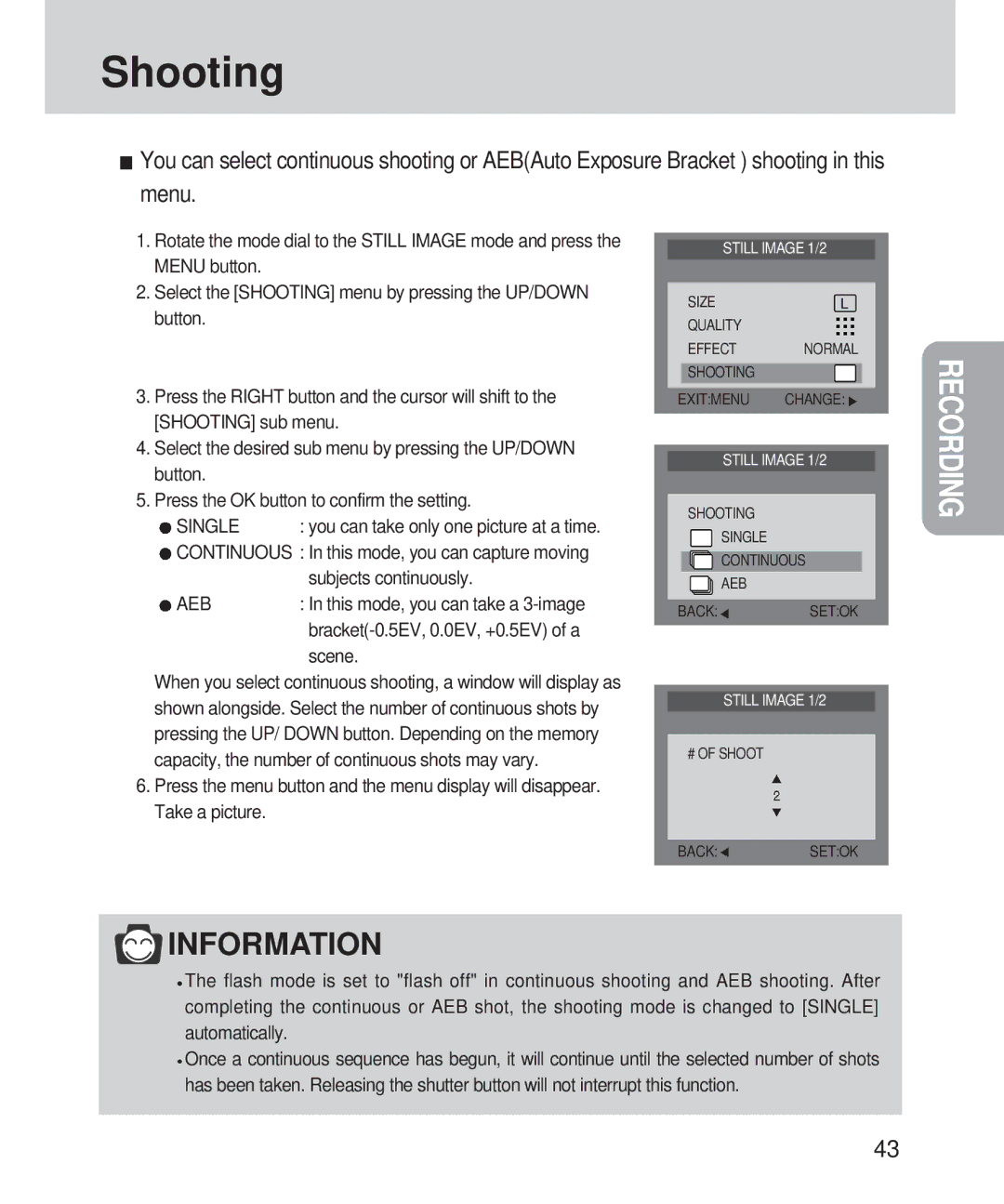 Samsung 420 manual Shooting, Subjects continuously, Aeb, Scene 