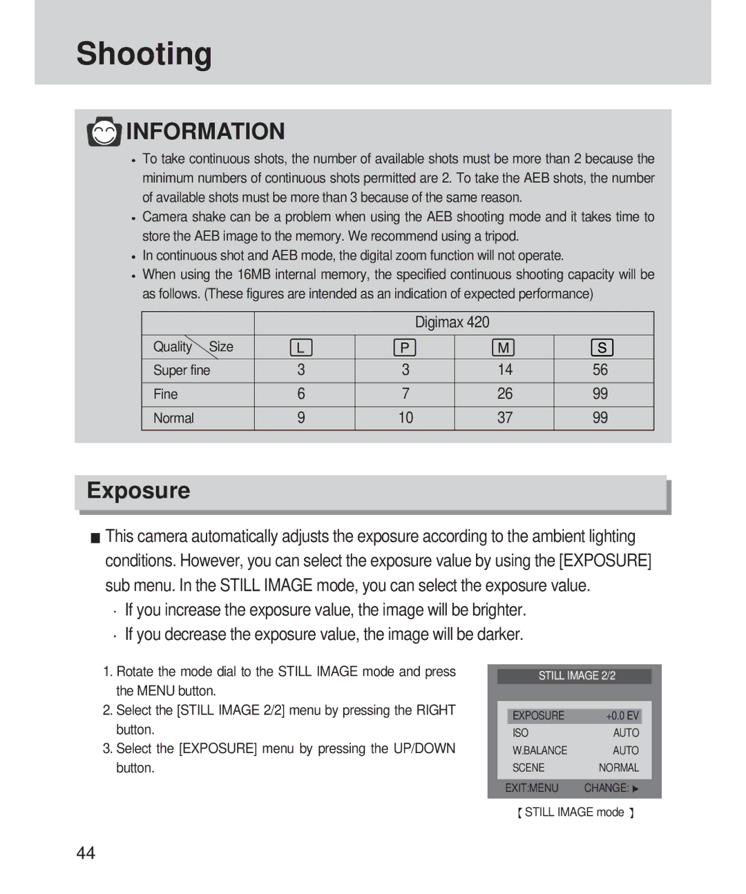 Samsung 420 manual Quality Size Super fine Fine Normal, Button, Select the Exposure menu by pressing the UP/DOWN 