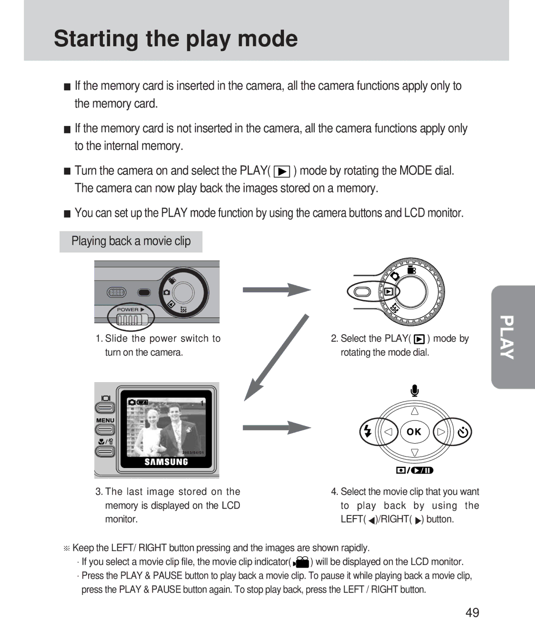 Samsung 420 manual Starting the play mode, Playing back a movie clip 