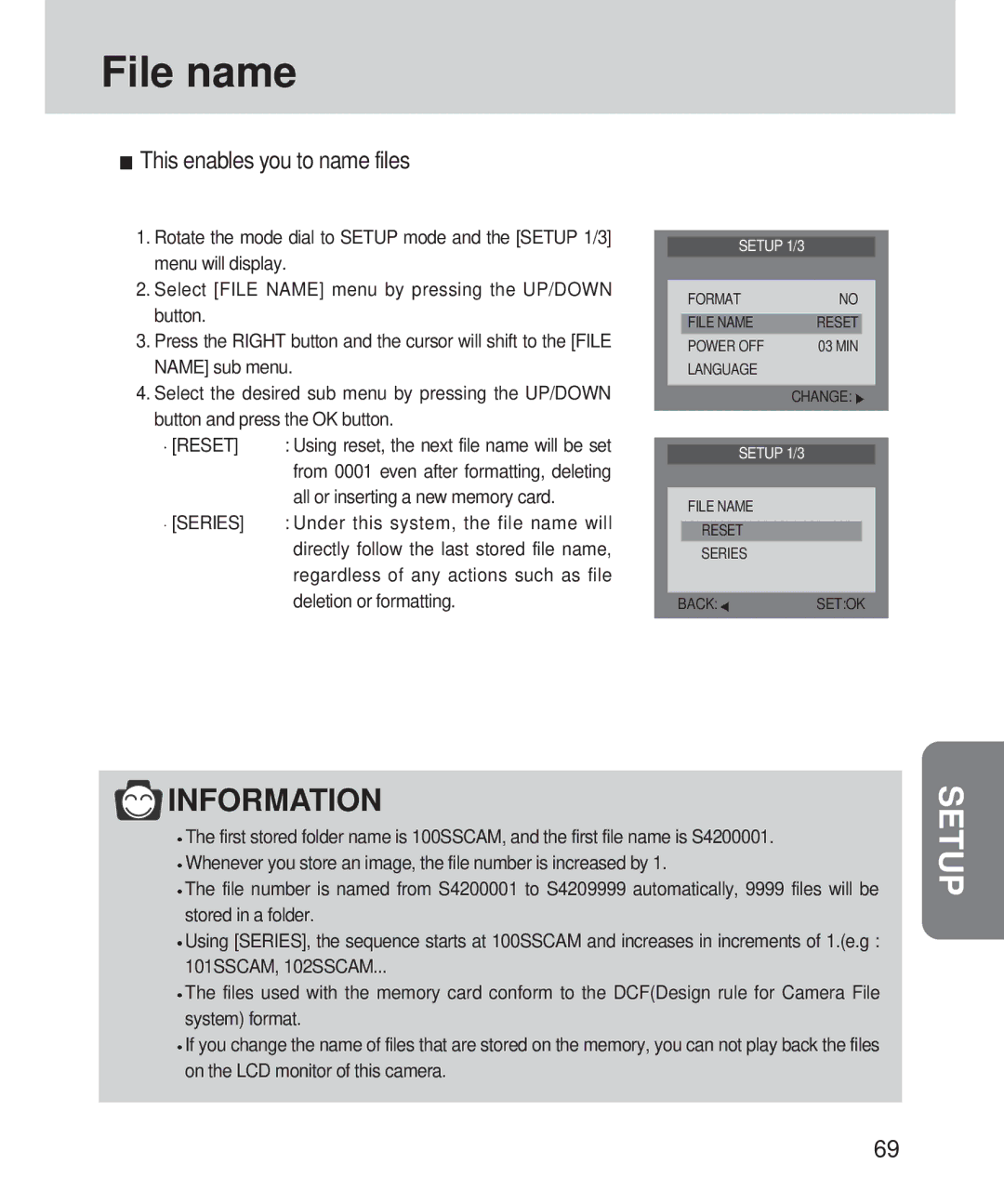 Samsung 420 manual File name, This enables you to name files, Reset 