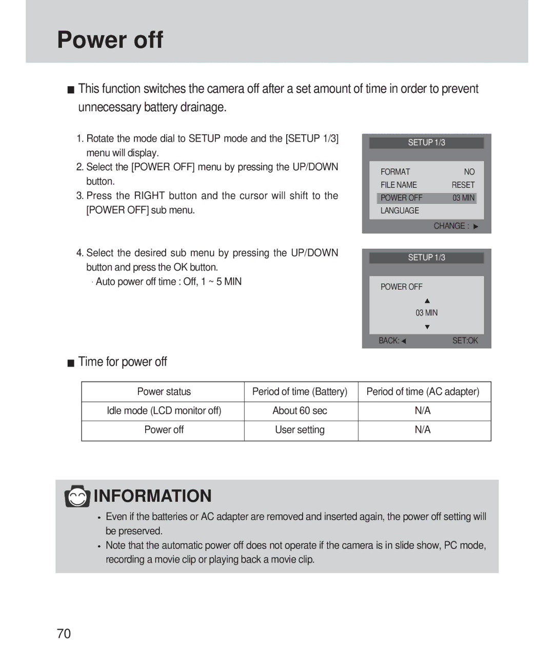 Samsung 420 manual Power off, Time for power off 