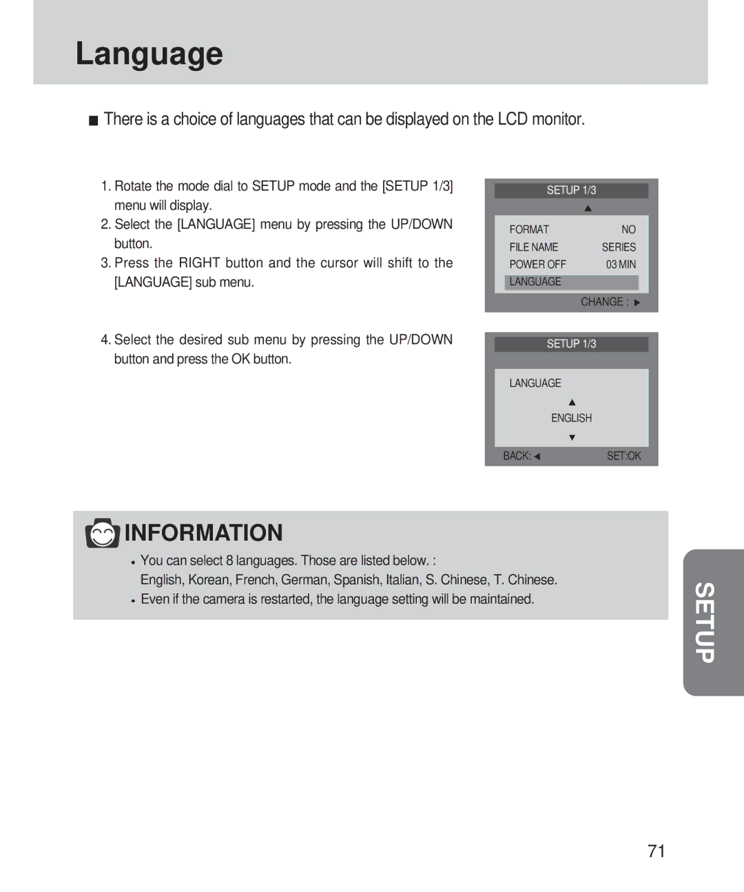 Samsung 420 manual You can select 8 languages. Those are listed below, Language 