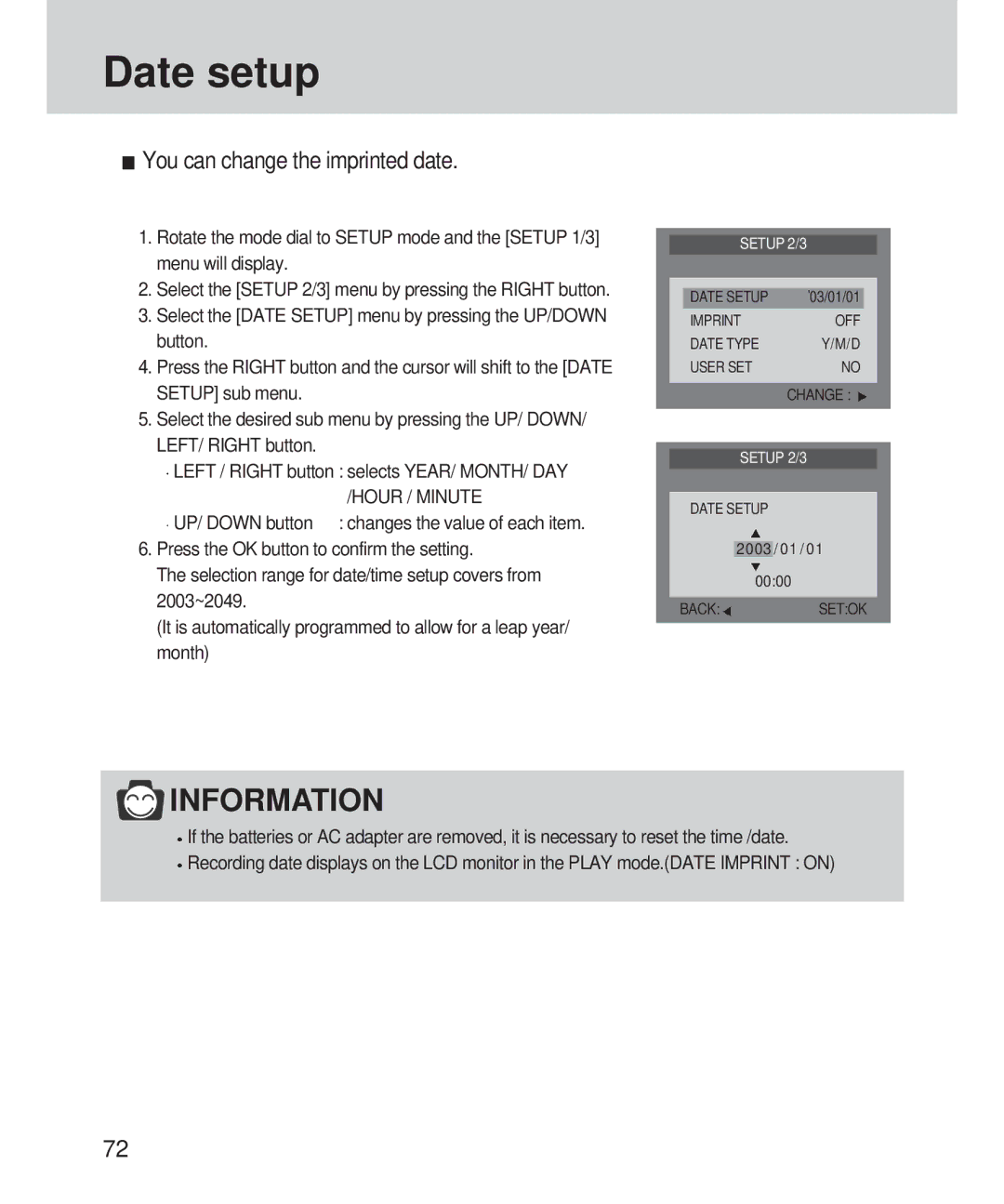 Samsung 420 manual Date setup, You can change the imprinted date, Hour / Minute 