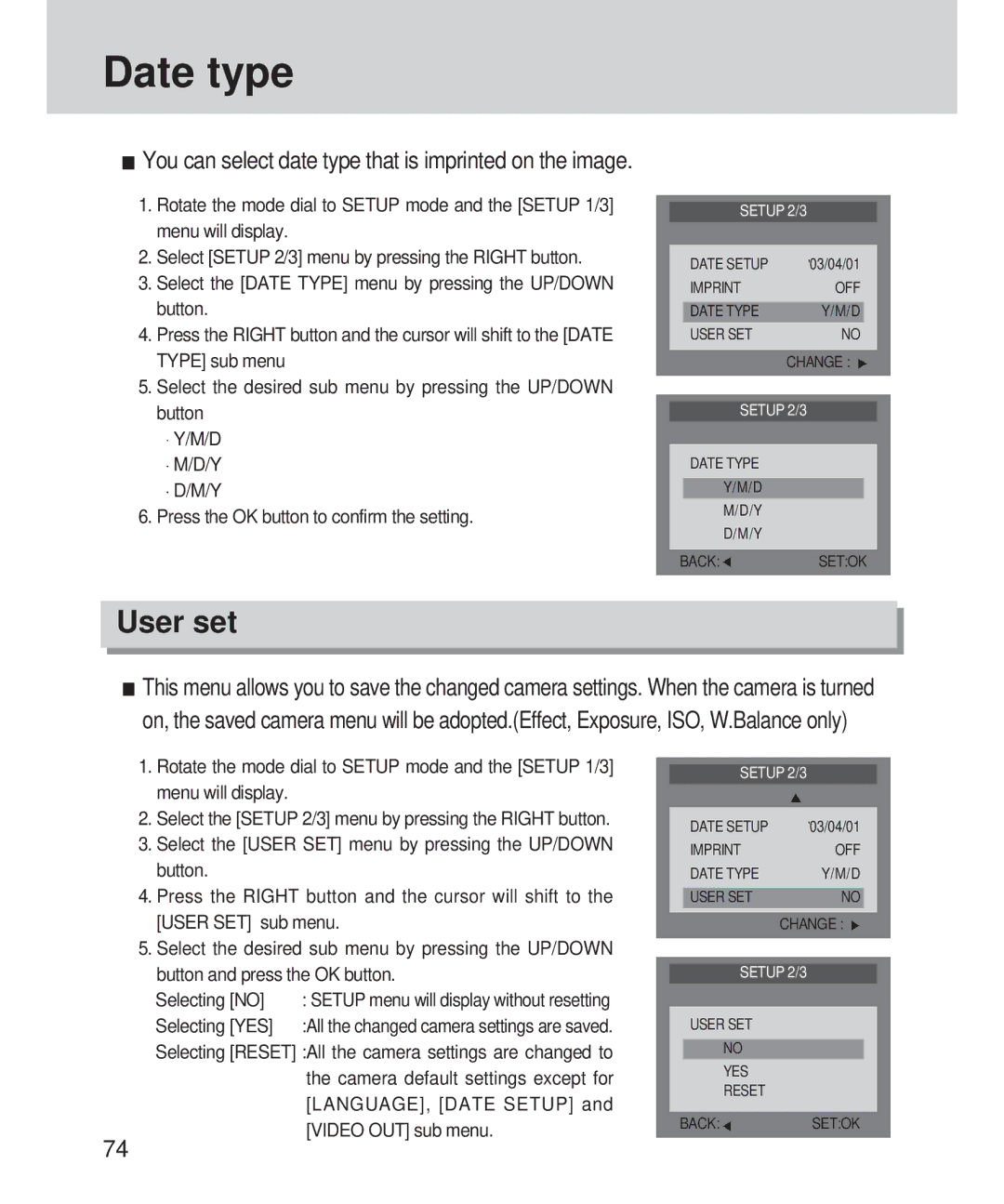 Samsung 420 manual Date type, User set, Selecting YES 