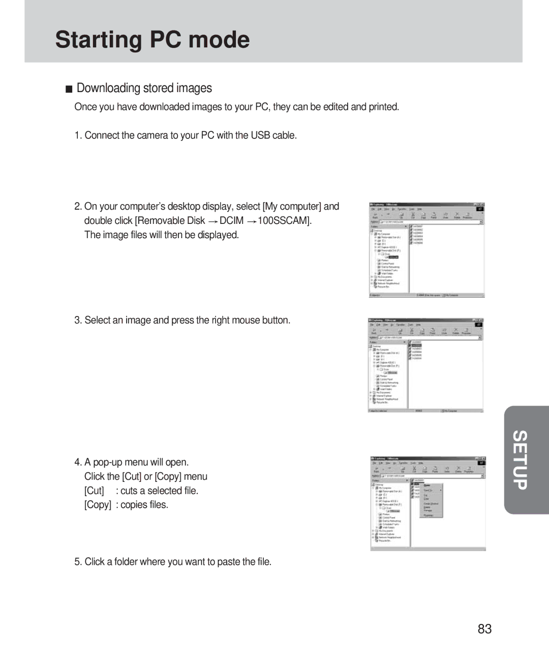 Samsung 420 manual Downloading stored images, Select an image and press the right mouse button, Cut 