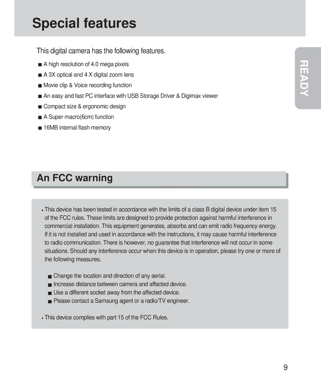 Samsung 420 manual Special features, An FCC warning, This digital camera has the following features 