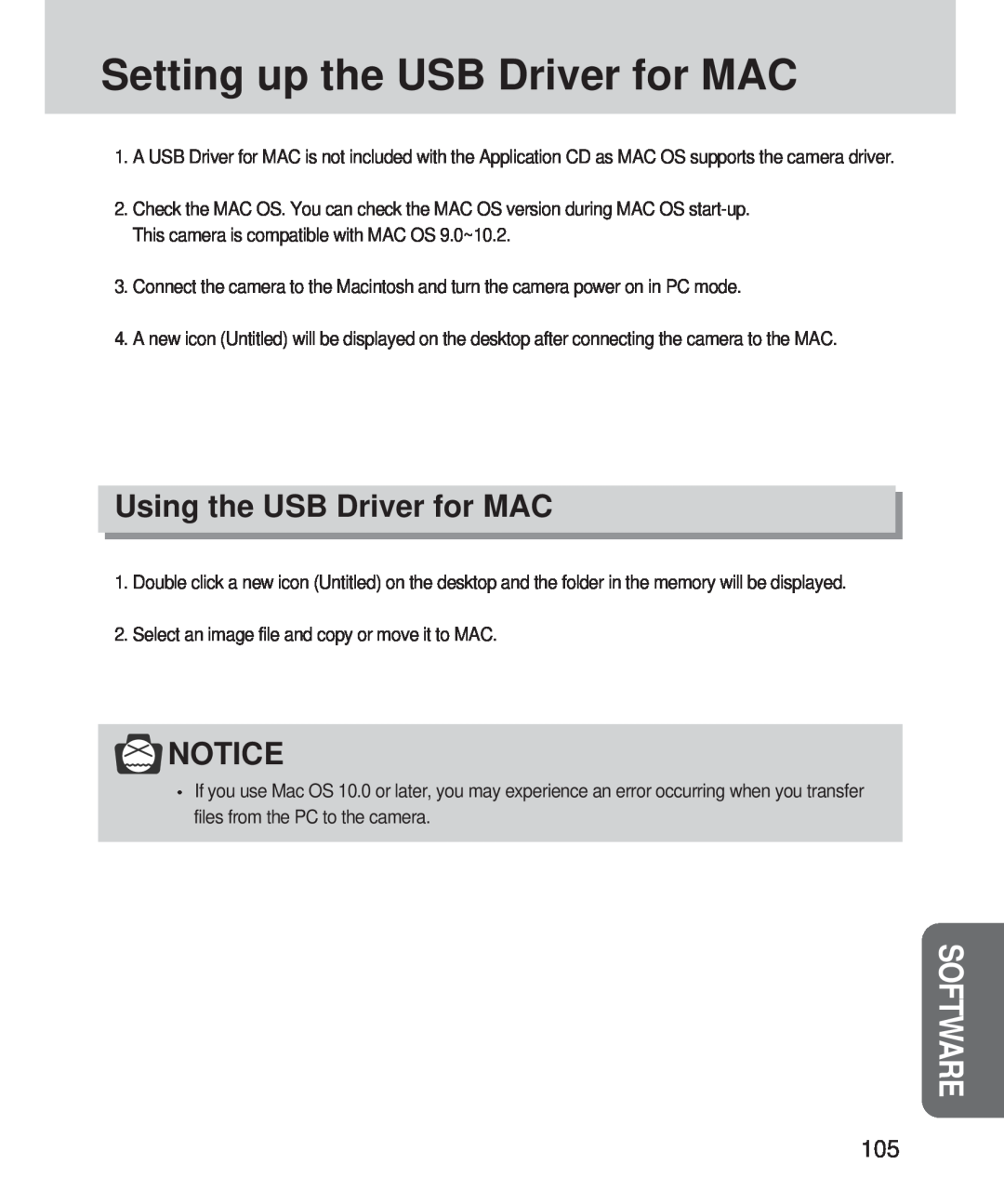 Samsung 420 manual Setting up the USB Driver for MAC, Using the USB Driver for MAC, Software 