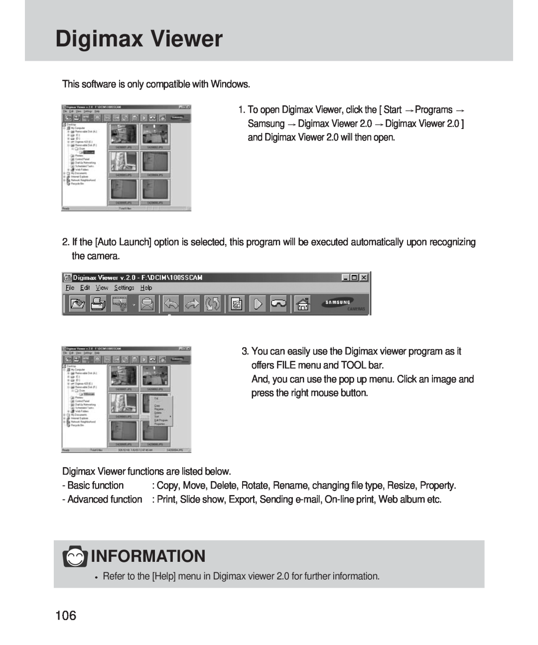 Samsung 420 manual Digimax Viewer, Information 