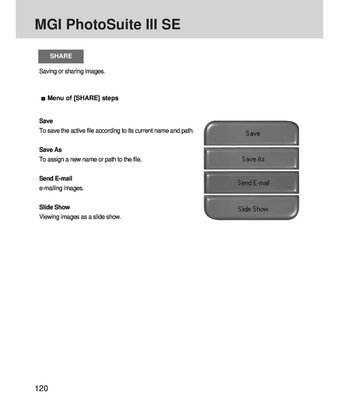 Samsung 420 manual MGI PhotoSuite III SE, Share, Menu of SHARE steps Save, Save As, Send E-mail, Slide Show 