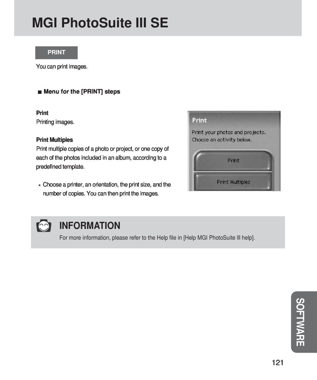 Samsung 420 manual MGI PhotoSuite III SE, Information, Software, Menu for the PRINT steps Print, Print Multiples 